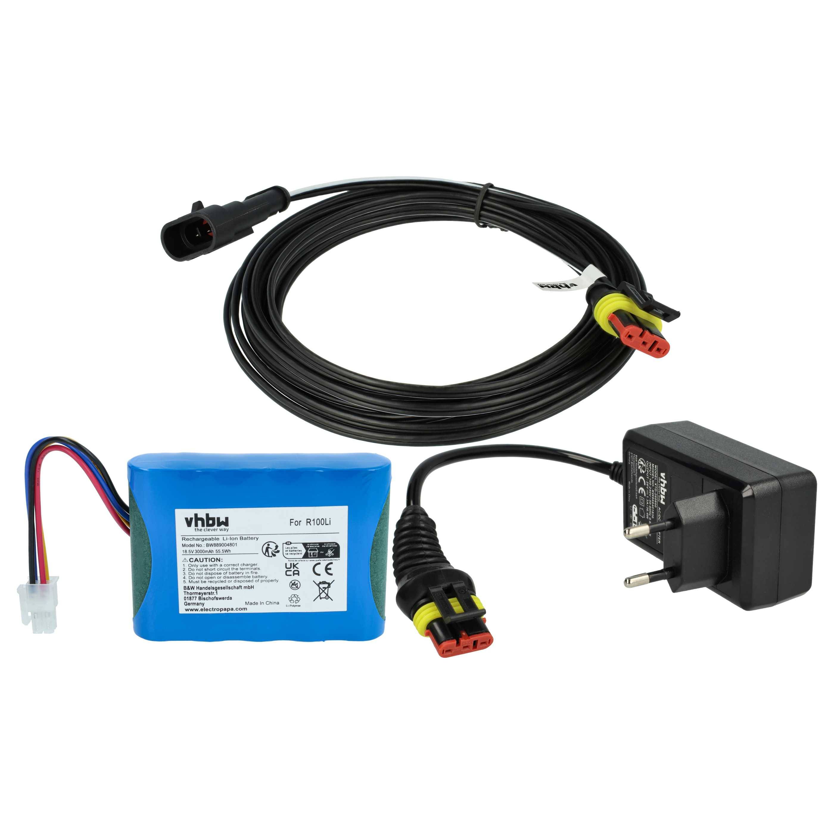 vhbw 1x Netzteil, 1x 3000 mAh Akku, 1x 5 m Niederspannungskabel kompatibel mit McCulloch ROB R600 (2017), R800-0