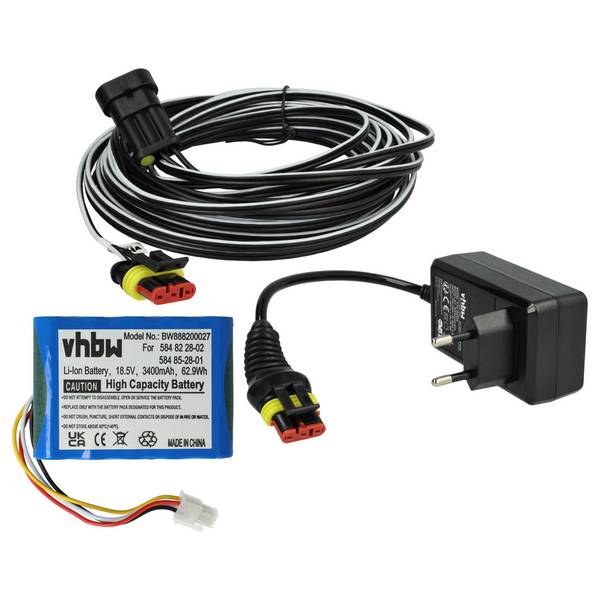 vhbw 1x Netzteil, 1x 3400 mAh Akku, 1x 10 m Niederspannungskabel kompatibel mit McCulloch ROB S800 (2020) Rasenmäher