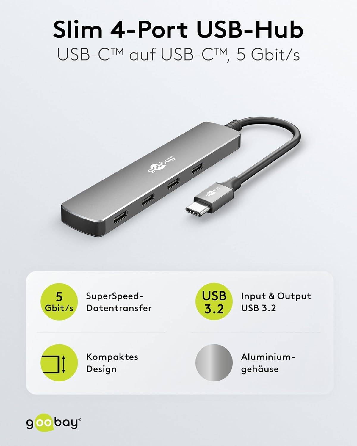 Goobay 74160 USB-C Adapter Multiport Slim USB-C Hub auf 4x USB-C, 4 Ports, 5Gbit/s, Aluminium-1