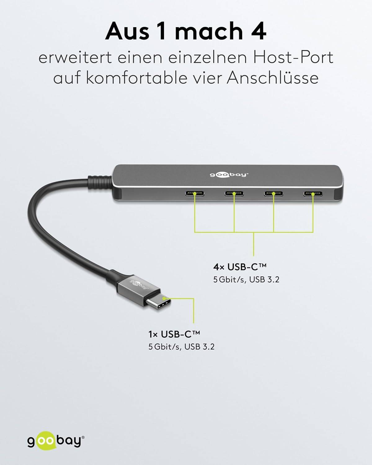Goobay 74160 USB-C Adapter Multiport Slim USB-C Hub auf 4x USB-C, 4 Ports, 5Gbit/s, Aluminium-2