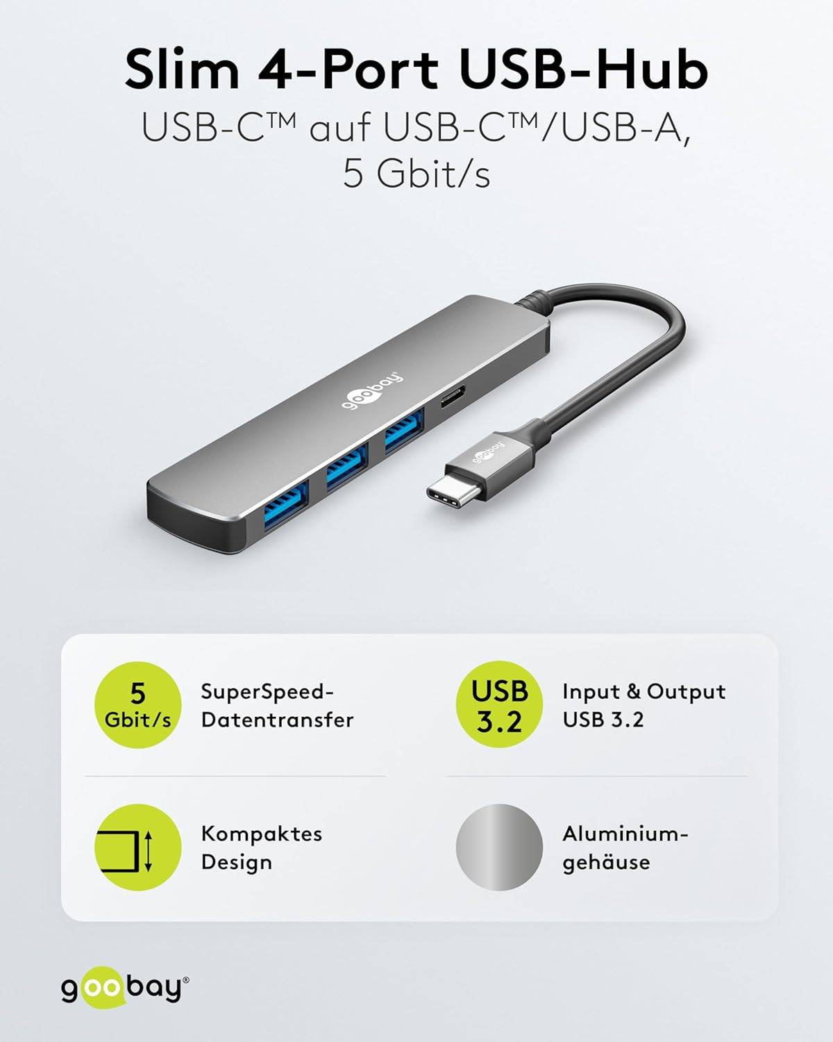 Goobay 74159 USB-C Adapter Multiport Slim USB-C Hub auf 2x USB-C & 2x USB-A, 4 Ports, 5Gbit/s, Aluminium-2