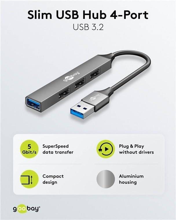Goobay 74456 USB-A Adapter Multiport Slim USB-A Hub auf 4x USB-A, 4 Ports USB Hub, 5Gbit/s, Aluminium-1