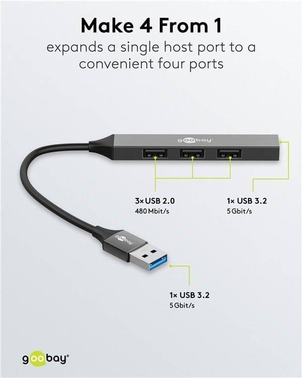 Goobay 74456 USB-A Adapter Multiport Slim USB-A Hub auf 4x USB-A, 4 Ports USB Hub, 5Gbit/s, Aluminium-2