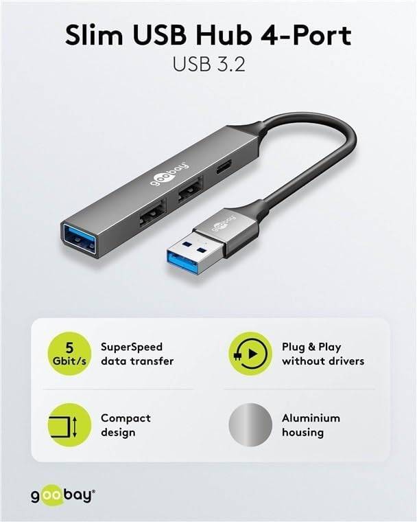 Goobay 74458 USB-A Adapter Multiport Slim USB-A Hub auf 1x USB-C & 3x USB-A, 4 Ports, 5Gbit/s, Aluminium-1
