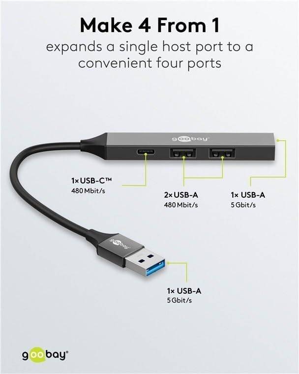 Goobay 74458 USB-A Adapter Multiport Slim USB-A Hub auf 1x USB-C & 3x USB-A, 4 Ports, 5Gbit/s, Aluminium-2