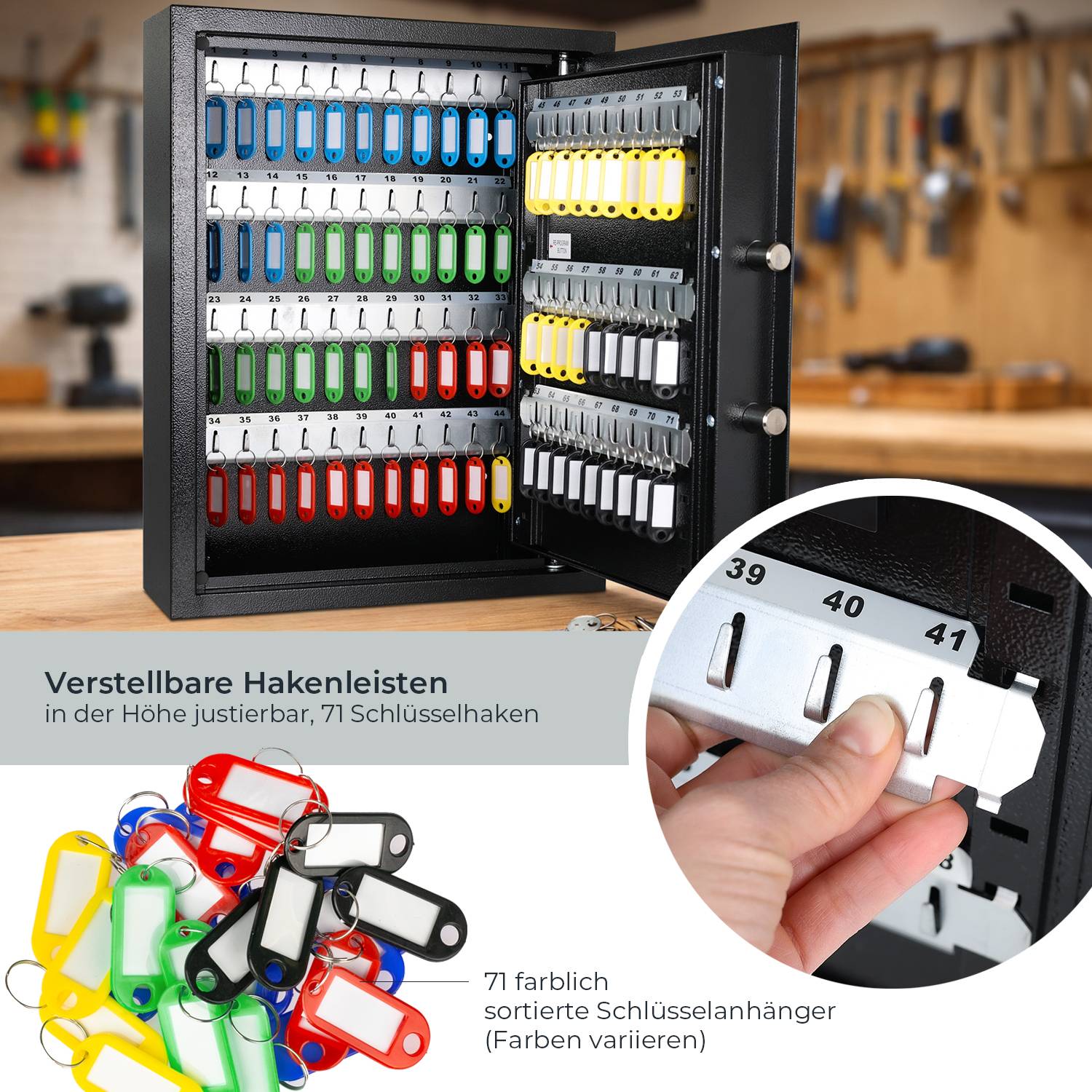HMF Schlüsseltresor mit Zahlencode, Schlüsselsafe mit Elektronikschloss, 71 Haken, 46 x 36 x 12 cm, Schwarz-2