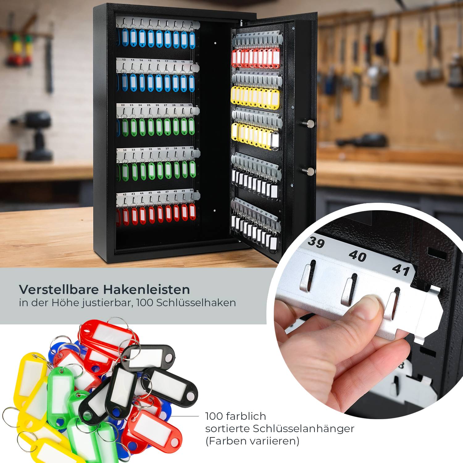 HMF Schlüsseltresor mit Zahlencode, Schlüsselsafe mit Elektronikschloss, 100 Haken, 66,5 x 43 x 13 cm, Schwarz-2