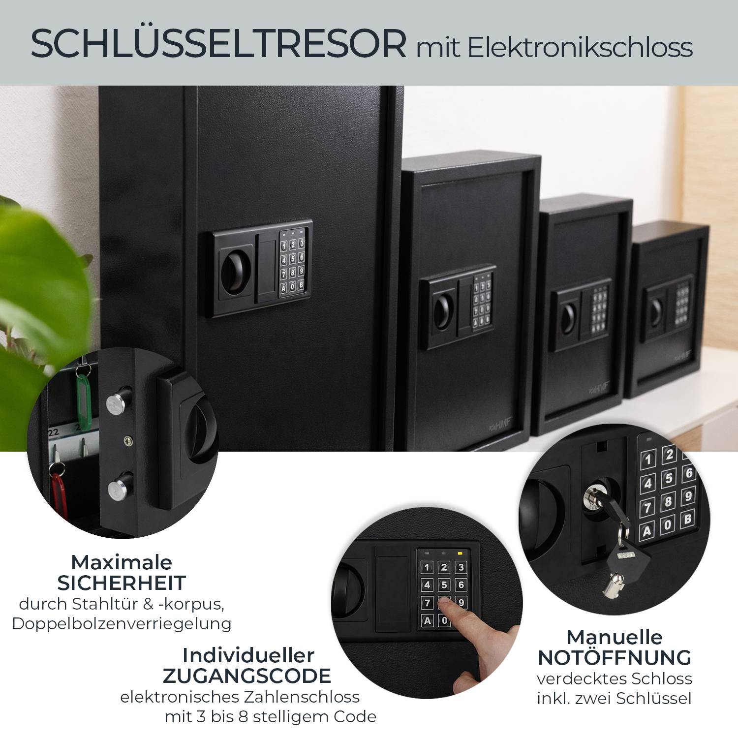 HMF Schlüsseltresor mit Zahlencode, Schlüsselsafe mit Elektronikschloss, 48 Haken, 36 x 30 x 10 cm, Schwarz-1