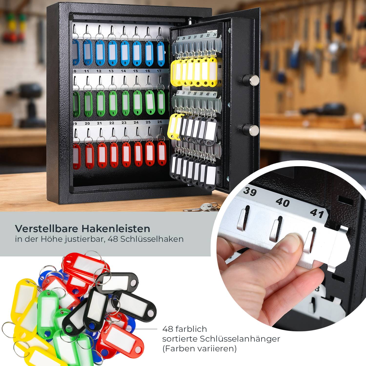 HMF Schlüsseltresor mit Zahlencode, Schlüsselsafe mit Elektronikschloss, 48 Haken, 36 x 30 x 10 cm, Schwarz-2