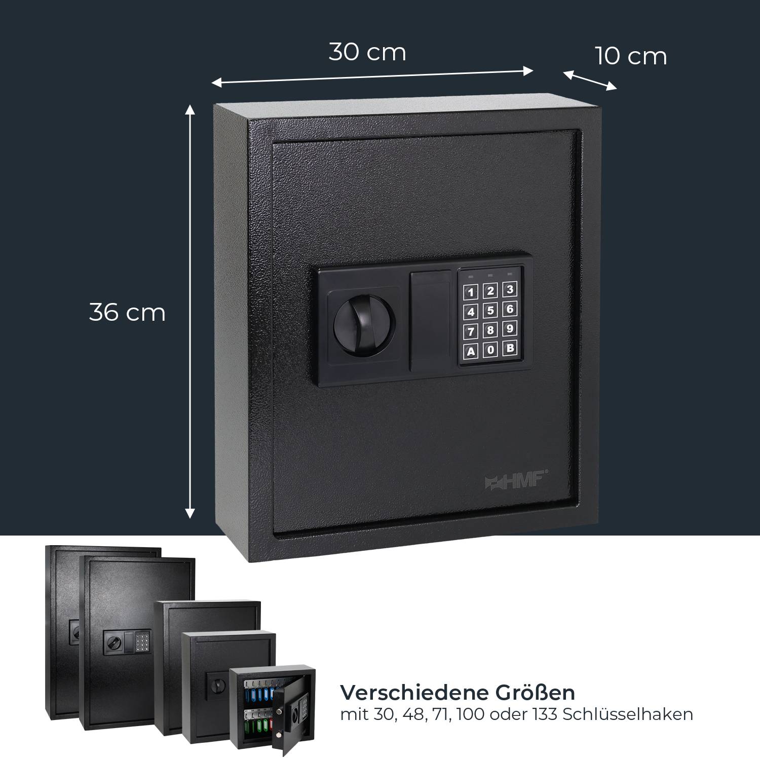 HMF Schlüsseltresor mit Zahlencode, Schlüsselsafe mit Elektronikschloss, 48 Haken, 36 x 30 x 10 cm, Schwarz-4