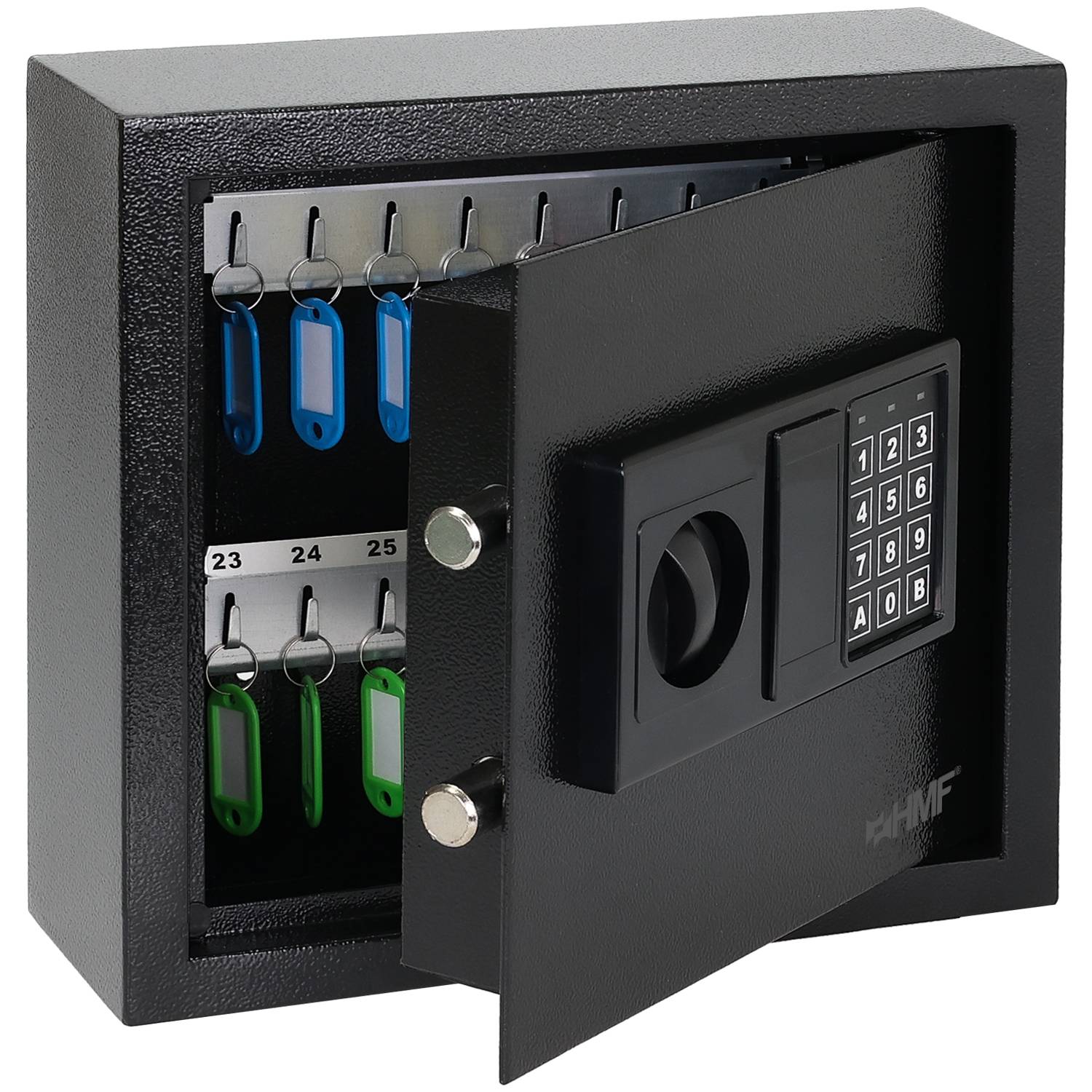 HMF Schlüsseltresor mit Zahlencode, Schlüsselsafe mit Elektronikschloss, 30 Haken, 30 x 28 x 10 cm, Schwarz-0