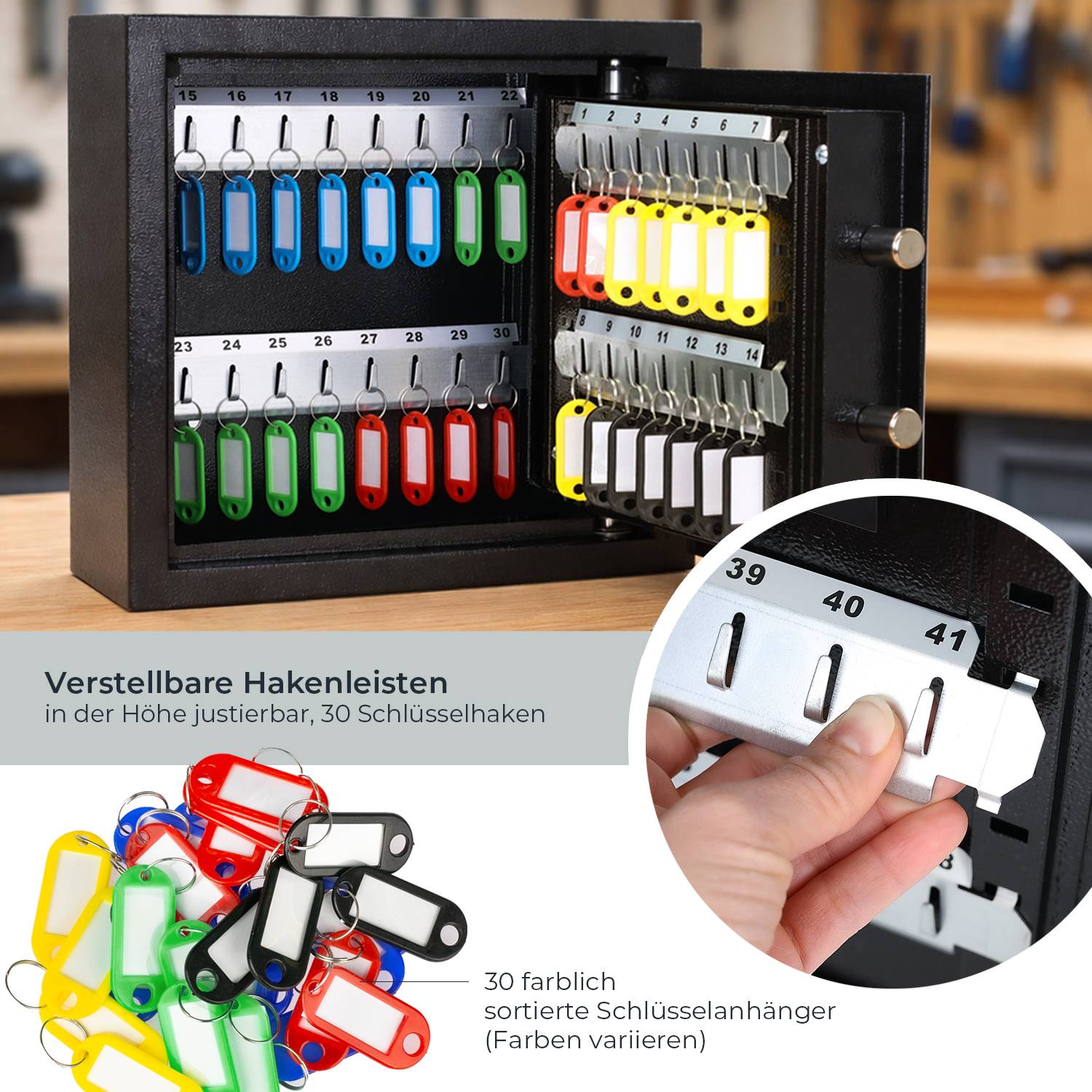 HMF Schlüsseltresor mit Zahlencode, Schlüsselsafe mit Elektronikschloss, 30 Haken, 30 x 28 x 10 cm, Schwarz-2