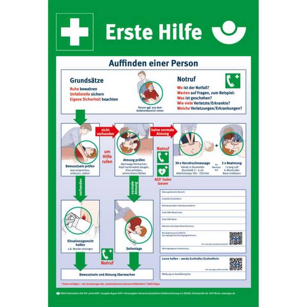 Erste Hilfe Aushang, mit den wichtigsten Erste Hilfe Schritten, Kunststoff/Polystyrol, 395x575mm, DGUV