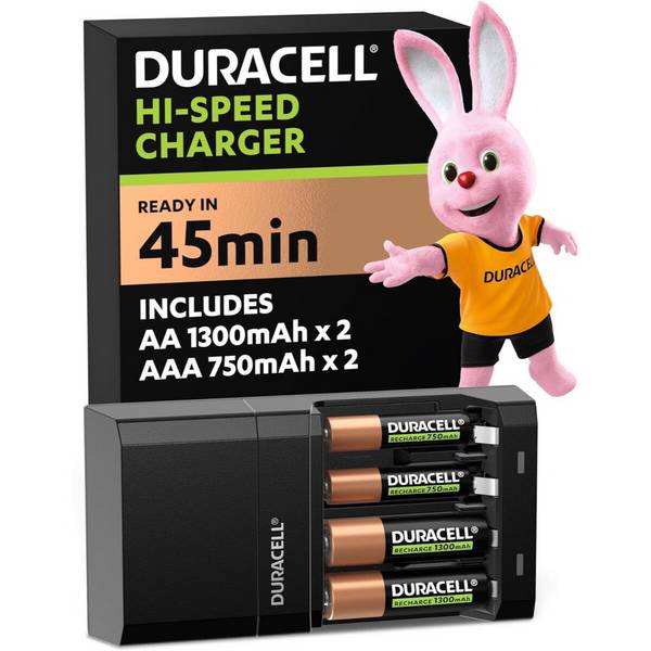 Duracell Schnellladegerät für AA/AAA Akkus inkl. 2× AA & 2× AAA Akkus