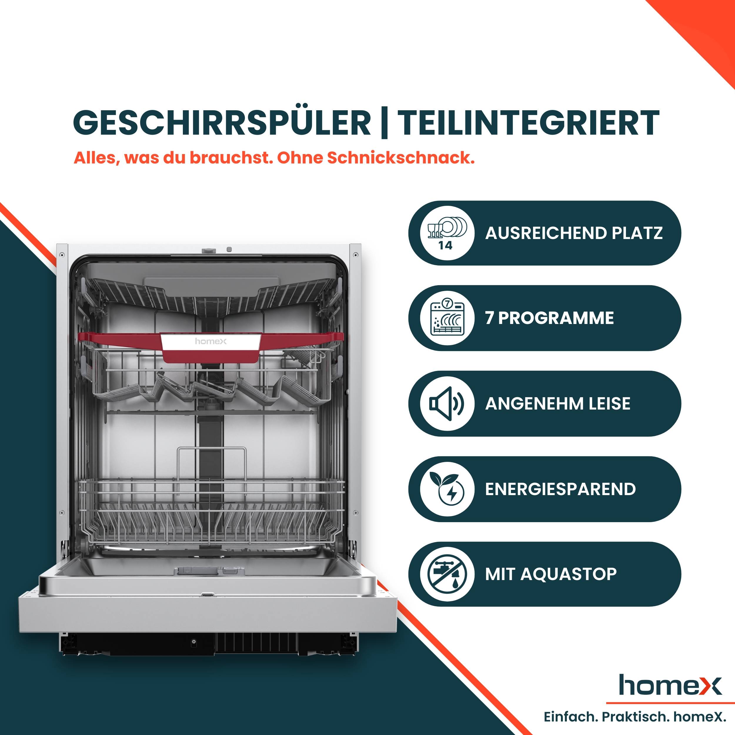 homeX Geschirrspüler 60 cm, Einbau Spülmaschine teilintegrierbar - 14 Maßgedecke, 7 Programme, AquaStop, DWSI601444C-1