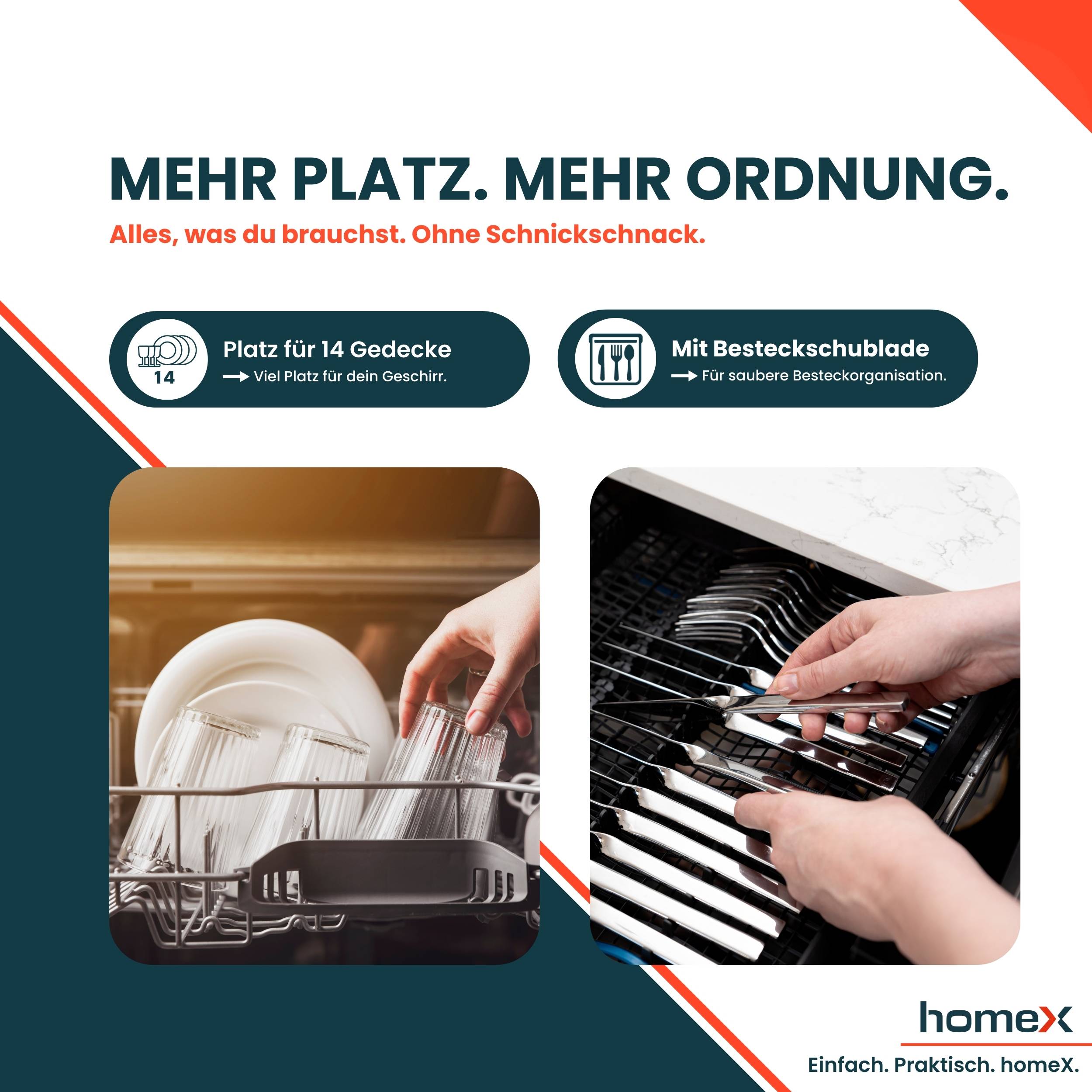 homeX Geschirrspüler 60 cm, Einbau Spülmaschine teilintegrierbar - 14 Maßgedecke, 7 Programme, AquaStop, DWSI601444C-2
