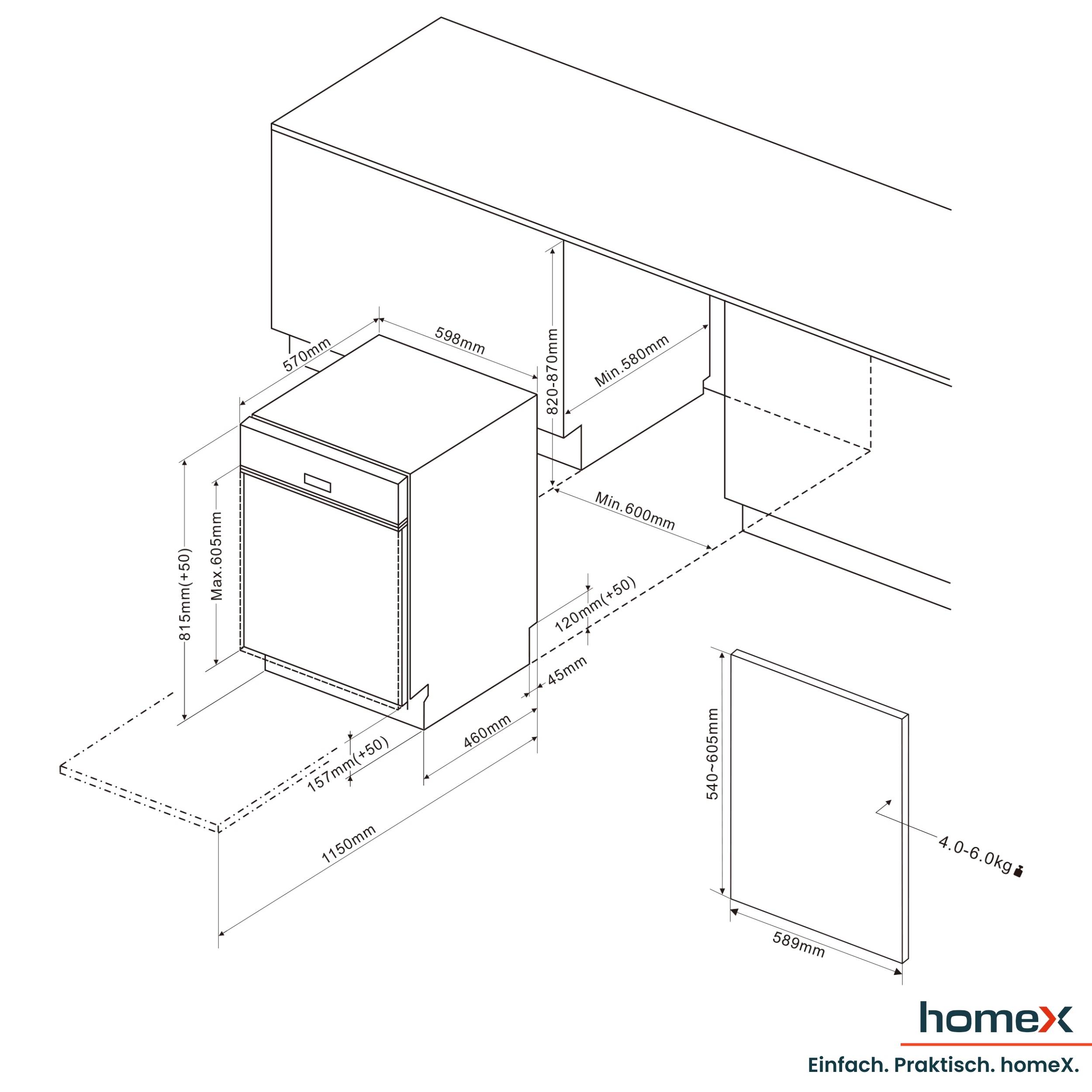homeX Geschirrspüler 60 cm, Einbau Spülmaschine teilintegrierbar - 14 Maßgedecke, 7 Programme, AquaStop, DWSI601444C-4