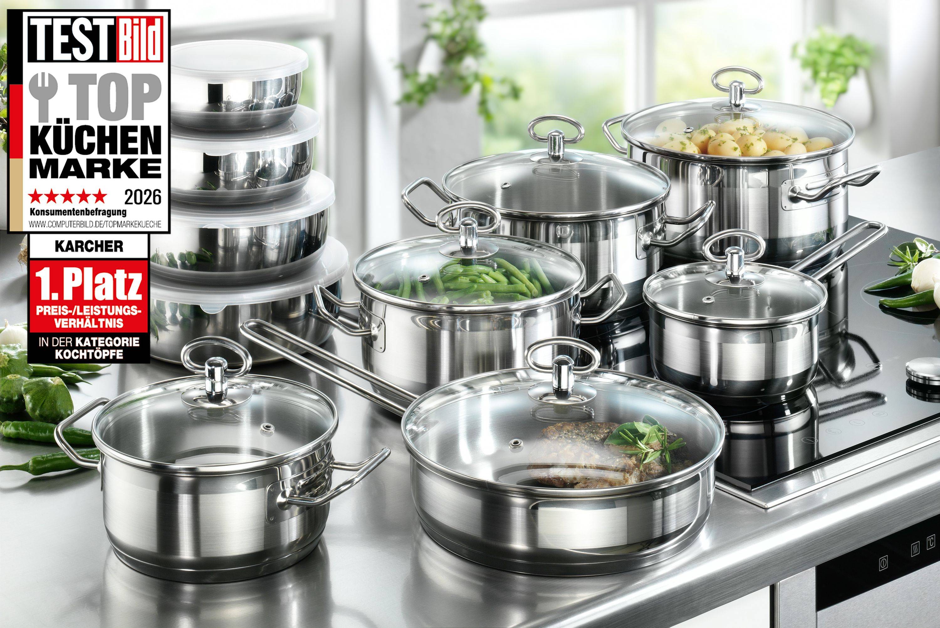 Karcher Topfset Jasmin (Edelstahl, 20-teilig, inkl. Glasdeckel und Edelstahl Schüssel Set, Induktion)-1