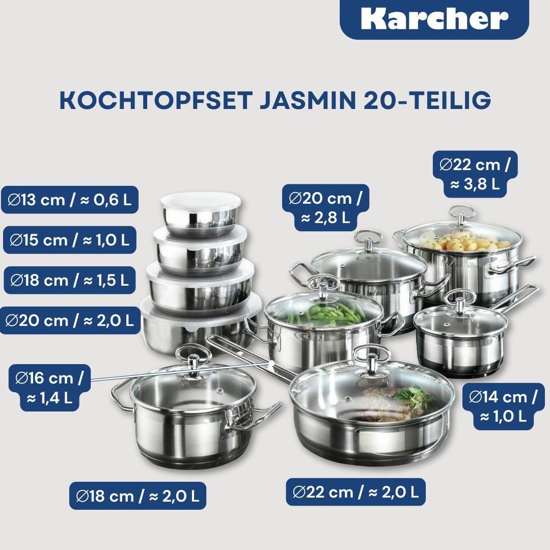 Karcher Topfset Jasmin (Edelstahl, 20-teilig, inkl. Glasdeckel und Edelstahl Schüssel Set, Induktion)-2