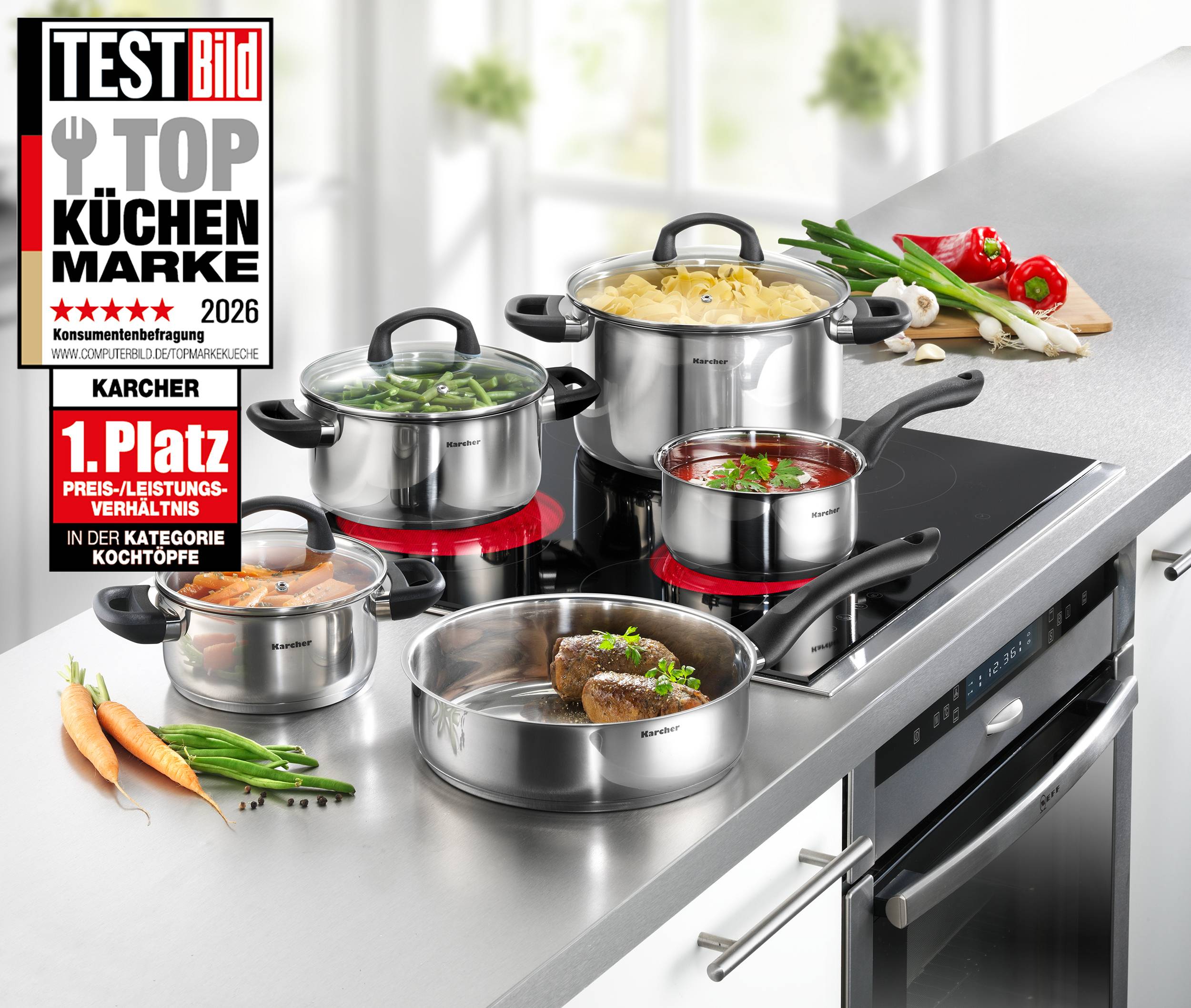 Karcher Topfset Mia aus Edelstahl, Induktion, Töpfe mit Glasdeckel / Pfanne / Stielkasserolle, 5-teilig-4