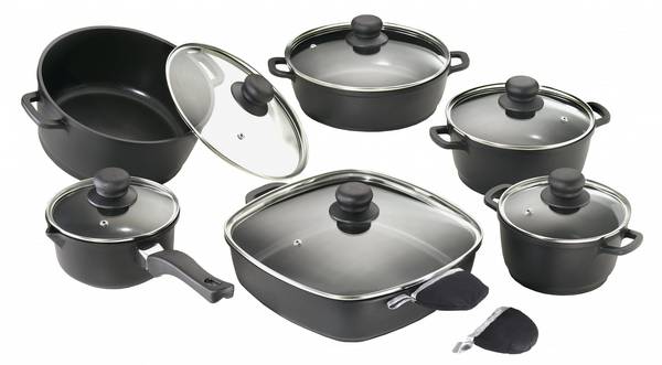 Karcher Topfset (Aluguss, 12-teilig, Teflon-Classic-Antihaftbeschichtung, inkl. Glasdeckel und 2 Thermogrips)