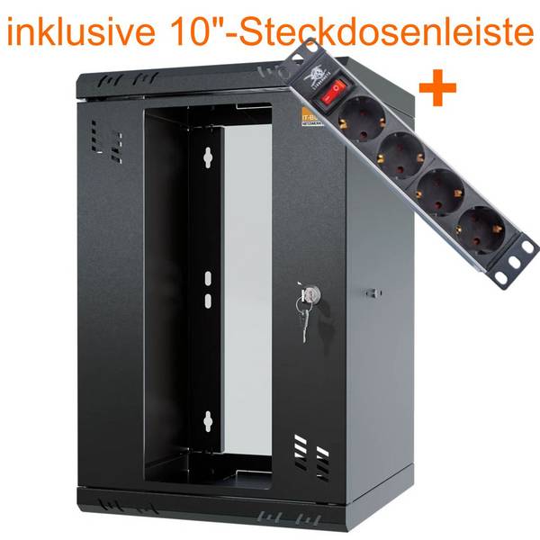 10 Zoll Netzwerkschrank 9 HE Wandgehäuse 300 mm Tiefe Sichttür Schloss Schwarz für Datennetz Heimnetz Rack Switch