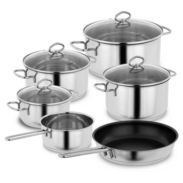 Kopf Topfset Merkur aus Edelstahl - Induktionstöpfe mit Schüttrand, Literskala und Glasdeckel – 6-teilig