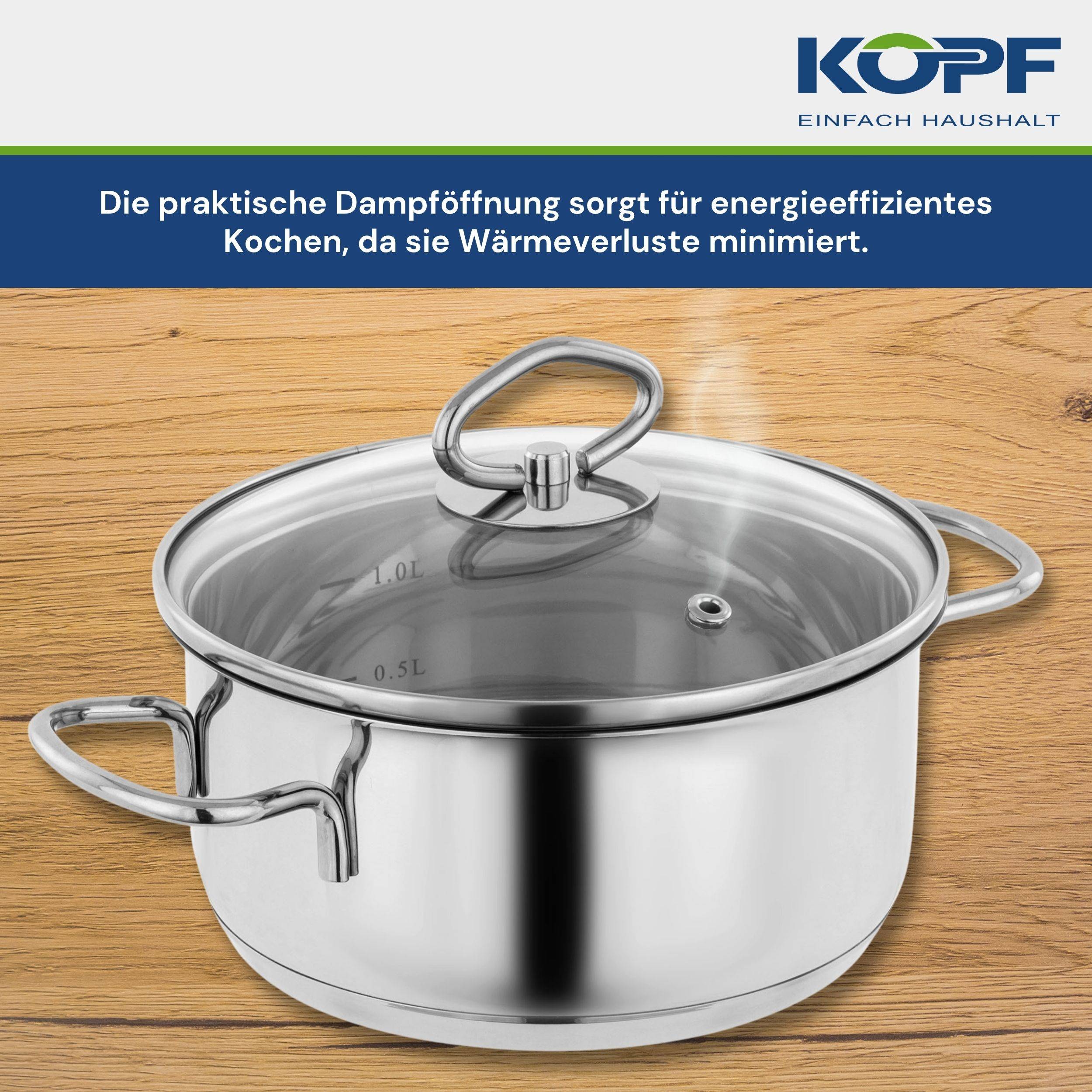 Kopf Topfset Merkur aus Edelstahl - Induktionstöpfe mit Schüttrand, Literskala und Glasdeckel – 6-teilig-4