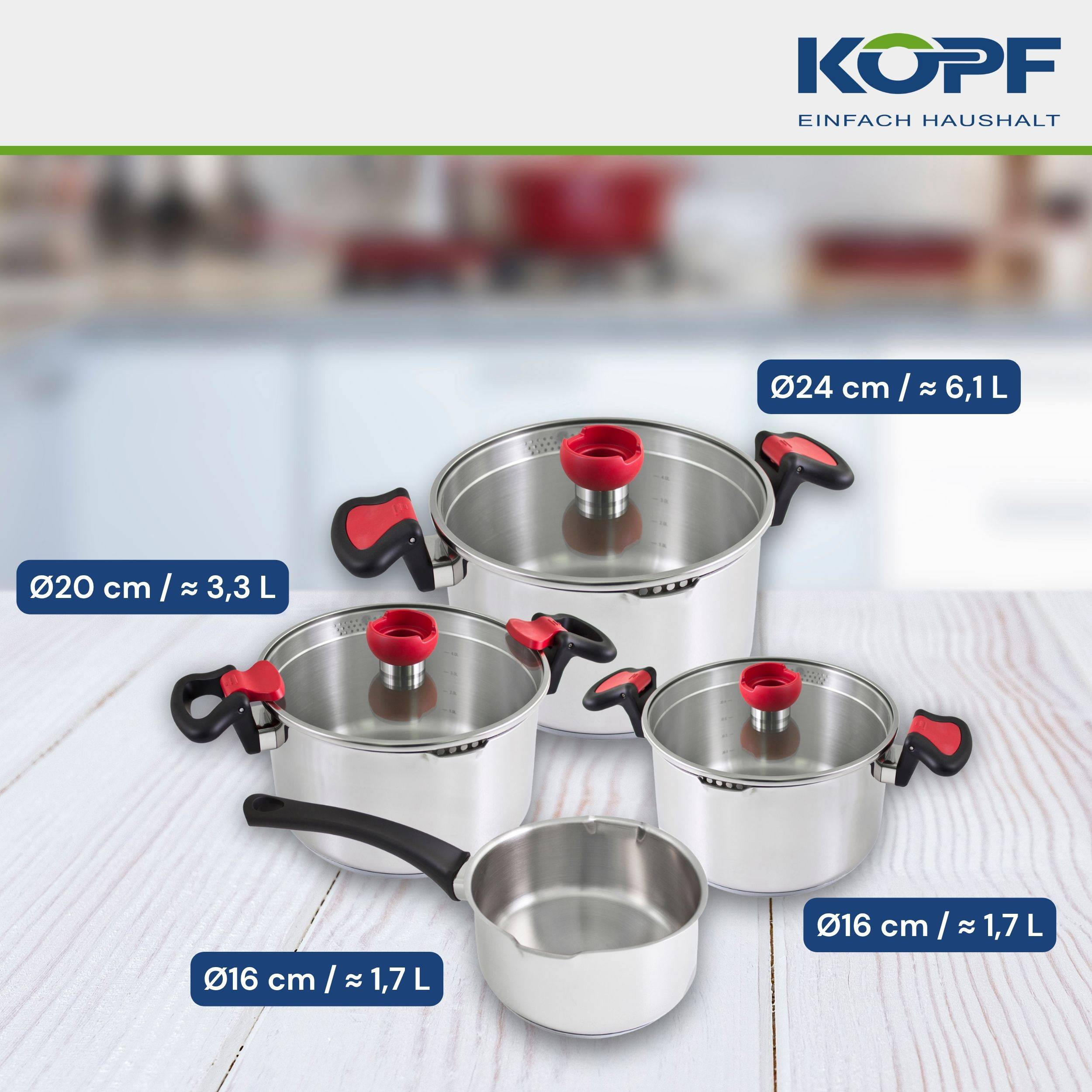 KOPF Nelo Topfset (7-teilig, Edelstahl, Induktion, mit intelligenter Abgießhilfe)-2