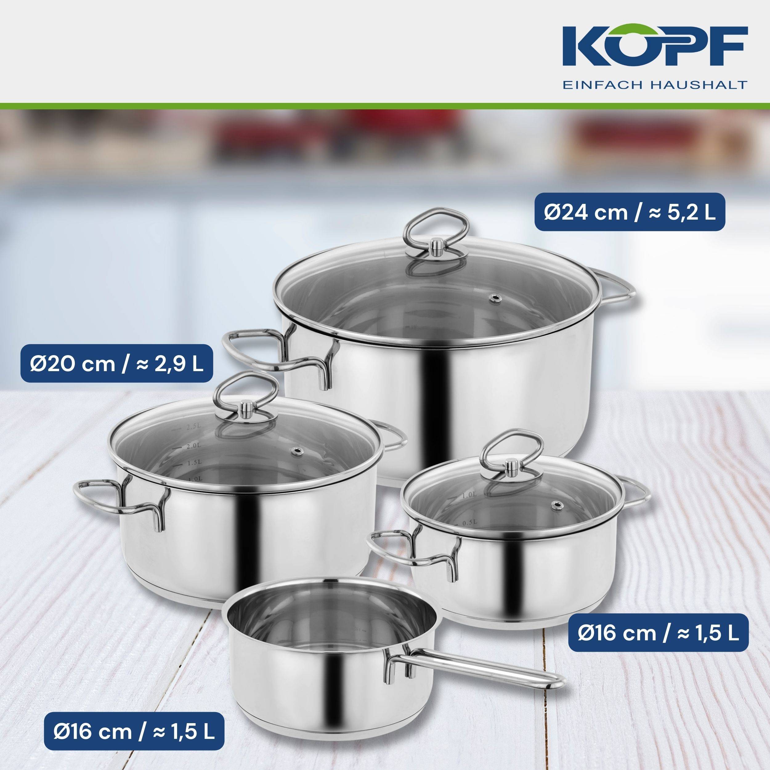 Kopf Topfset Merkur (Edelstahl, Induktion, 4-teilig, mit Schüttrand, Literskala und Glasdeckel)-3
