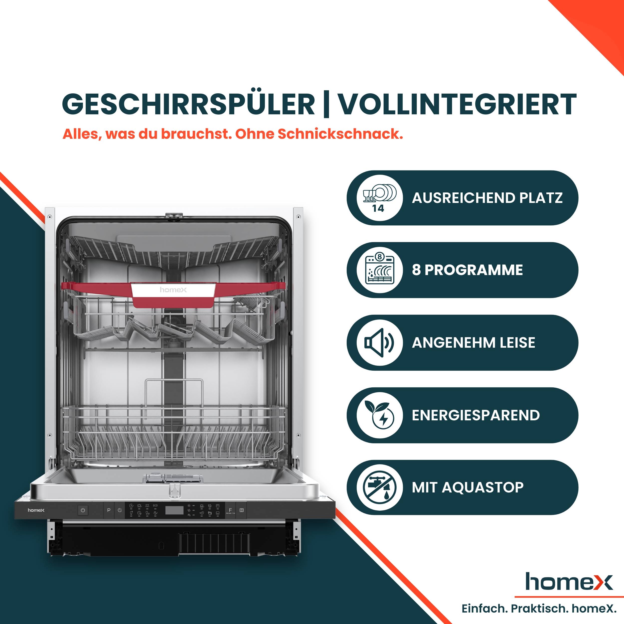 homeX Geschirrspüler 60 cm, Einbau Spülmaschine vollintegrierbar - 14 Maßgedecke, 8 Programme, AquaStop, DWFI601444C-3