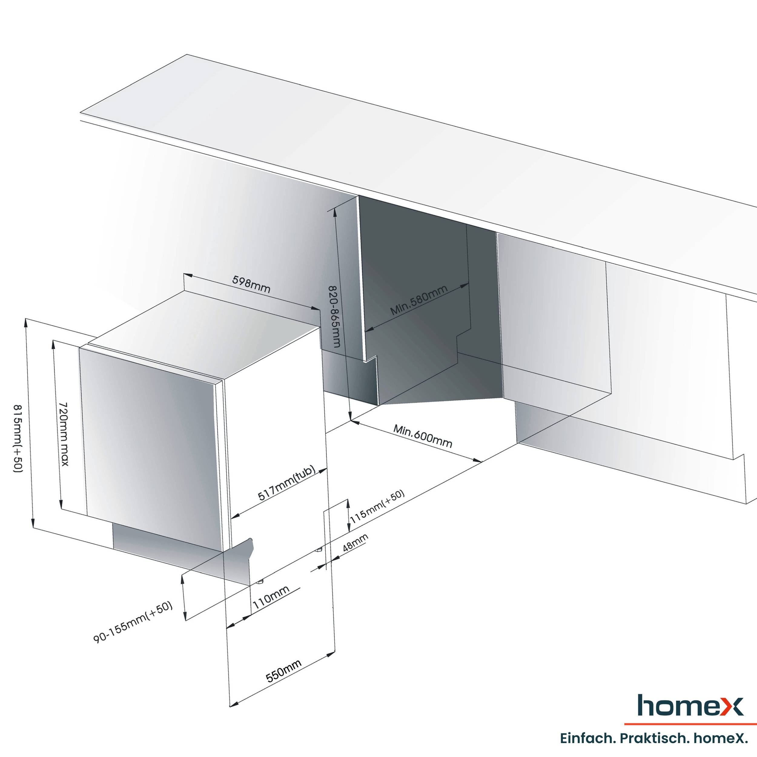 homeX Geschirrspüler 60 cm, Einbau Spülmaschine vollintegrierbar - 14 Maßgedecke, 8 Programme, AquaStop, DWFI601444C-4