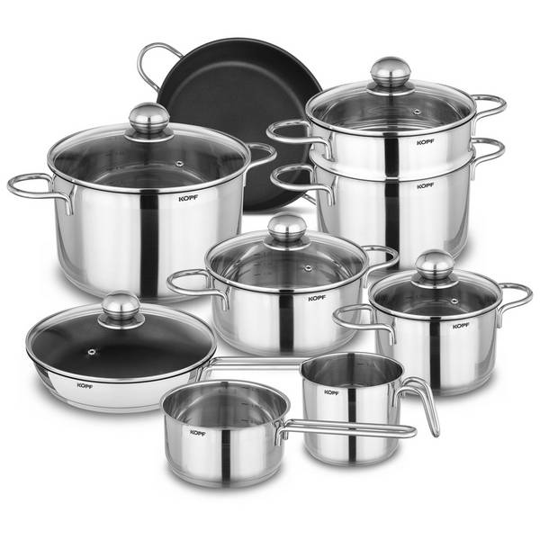 Kopf Topfset Josie aus Edelstahl, Induktion, Literskala, inkl. Glasdeckel, 14-teilig