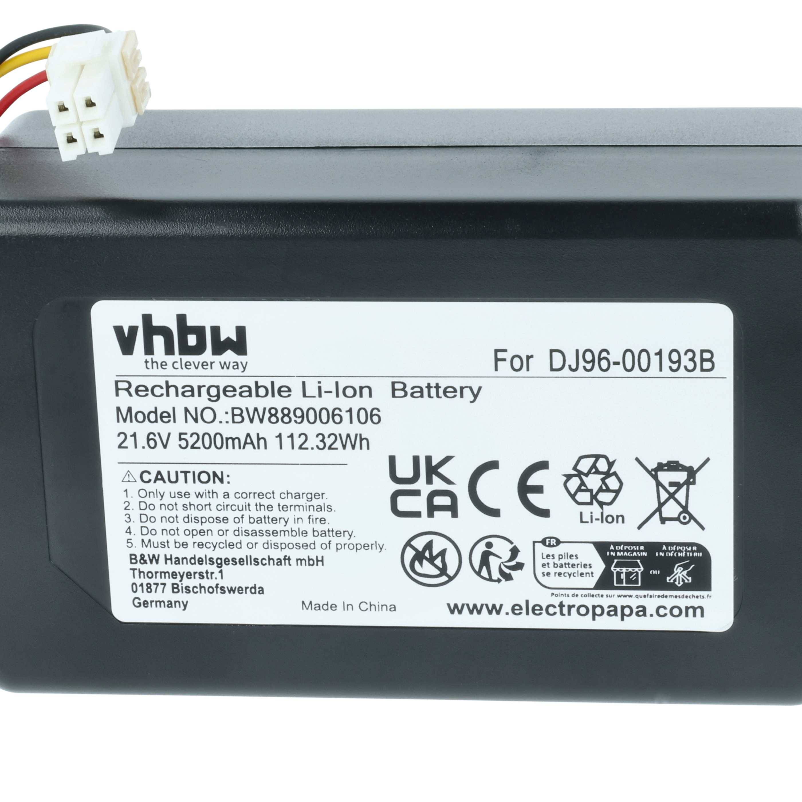 vhbw Akku kompatibel mit Samsung Powerbot VR1AM7010U5/AA | VR1AM7040W9/AA, VR1AM7010UW/AA Saugroboter (5,2 Ah, 21,6 V-1