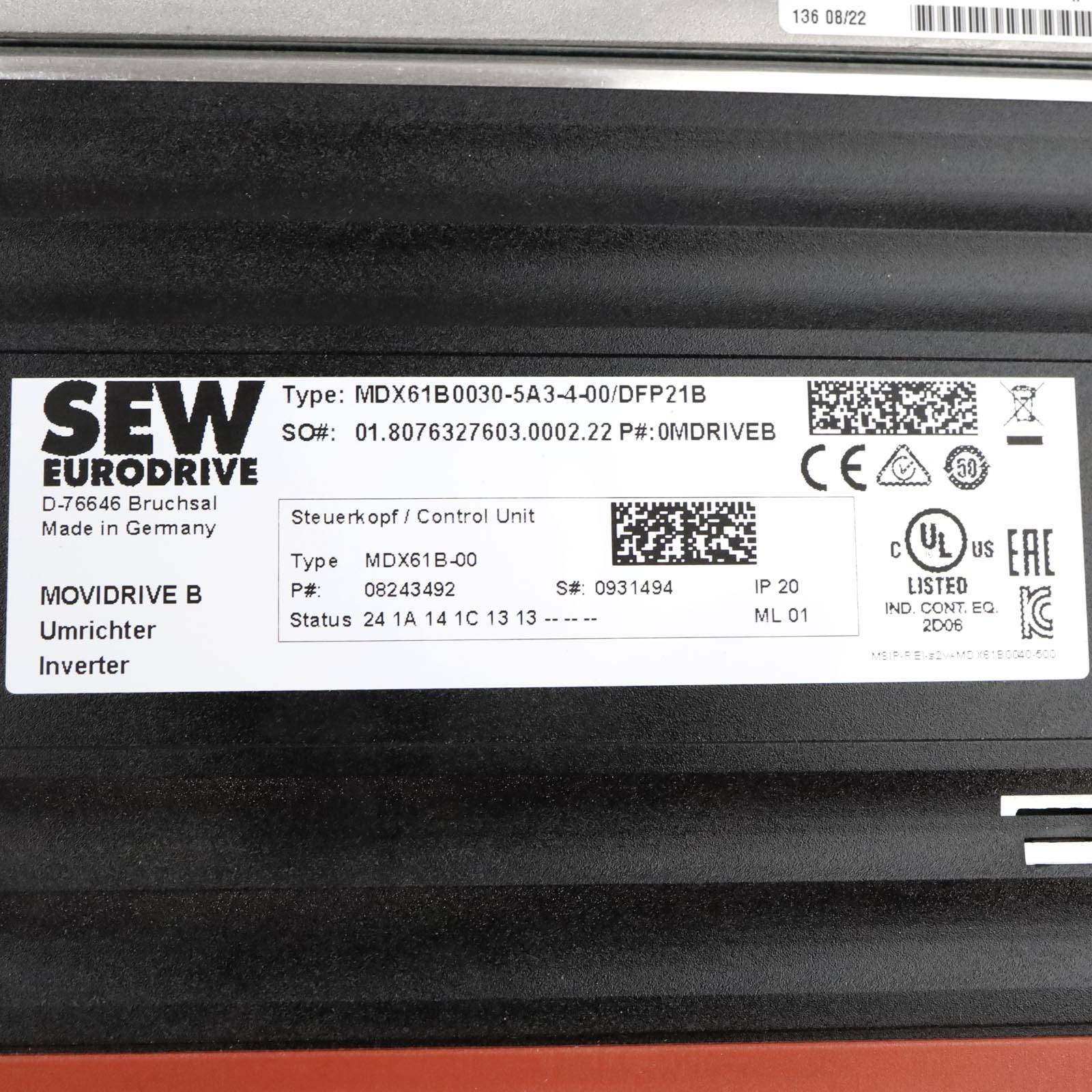 SEW Frequenzumrichter Movidrive MDX61B0030-5A3-4-00/DFP21B 08227195 OVP-2