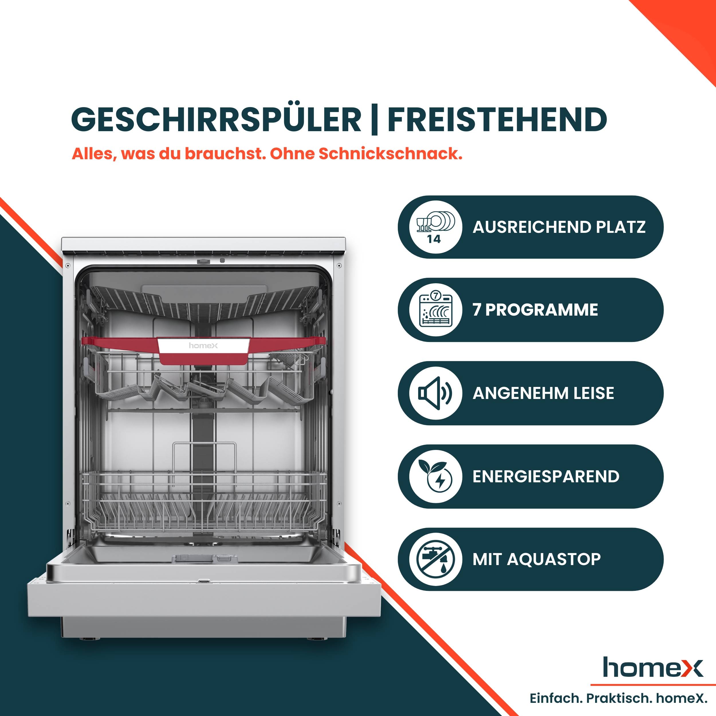 homeX Geschirrspüler 60 cm, Spülmaschine freistehend - 14 Gedecke, 7 Programme, AquaStop, unterbaufähig, DWFS601444C-S-3