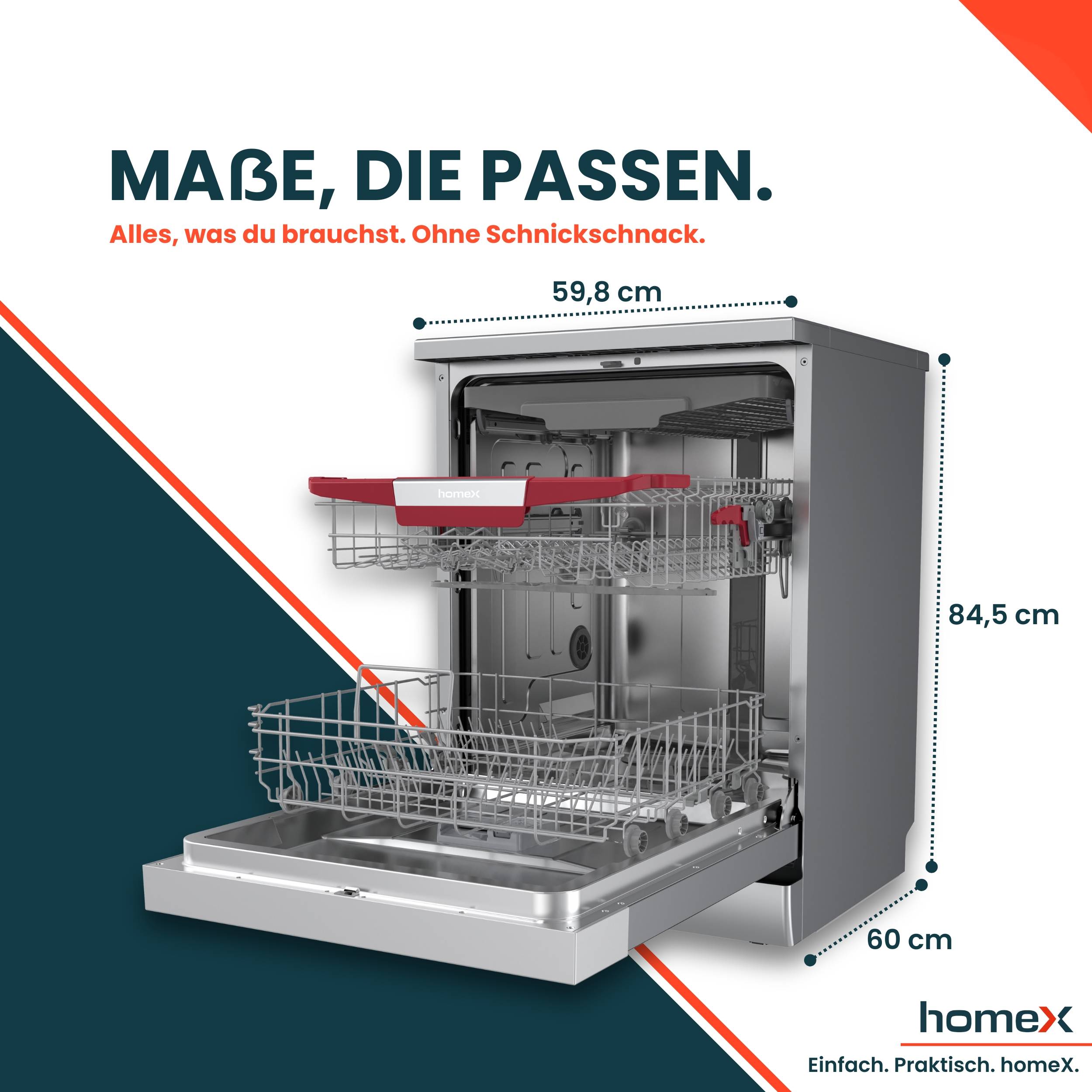 homeX Geschirrspüler 60 cm, Spülmaschine freistehend - 14 Gedecke, 7 Programme, AquaStop, unterbaufähig, DWFS601444C-S-4