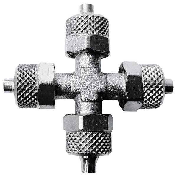 EWO 401.803, KV – Kreuz-Verteiler, Schlauch-Ø: D × d: 8 × 6, Länge: 48 mm, max. Betriebsdruck 40 bar, vernickelt