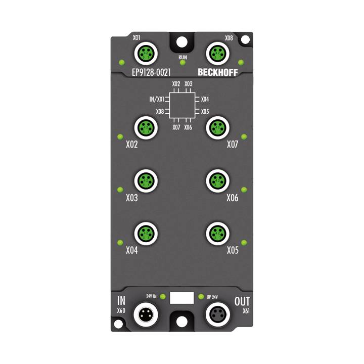 Beckhoff EP9128-0021, EtherCAT Box, 8-Port-Abzweig, EtherCAT, 100 MBit/s, 24V DC, M8Vorzugstyp