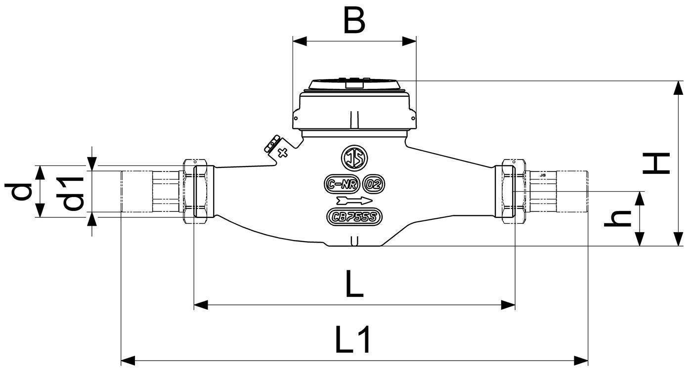 Schlösser Wasserzähler Bauart MNR, waagerecht, bis 30 Grad C, Dauerdurchfluss Q3 10m3/h, 1", Baulänge 260mm, R80-1