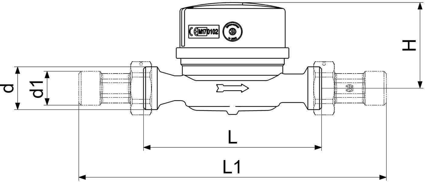 Schlösser Einstrahlzähler Bauart ETW-Modularis, bis 90 Grad C, Dauerdurchfluss Q3 4m3/h, 1" AG, Baulänge 130mm-1