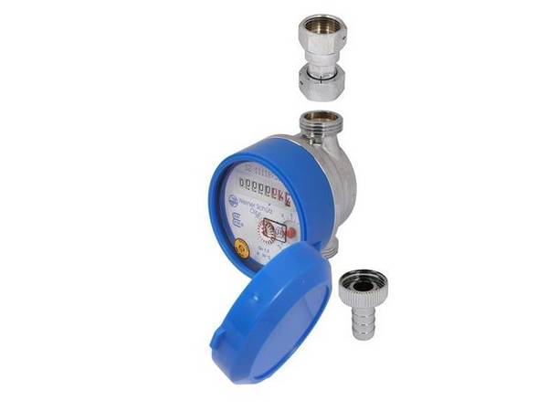 Schlösser Zapfhahnzähler Bauart ZAK mit Haube, bis 30 Grad C, Q3 2,5m3/h, Eingang 1", Ausgang Schlauchverschr. 1/2" IG