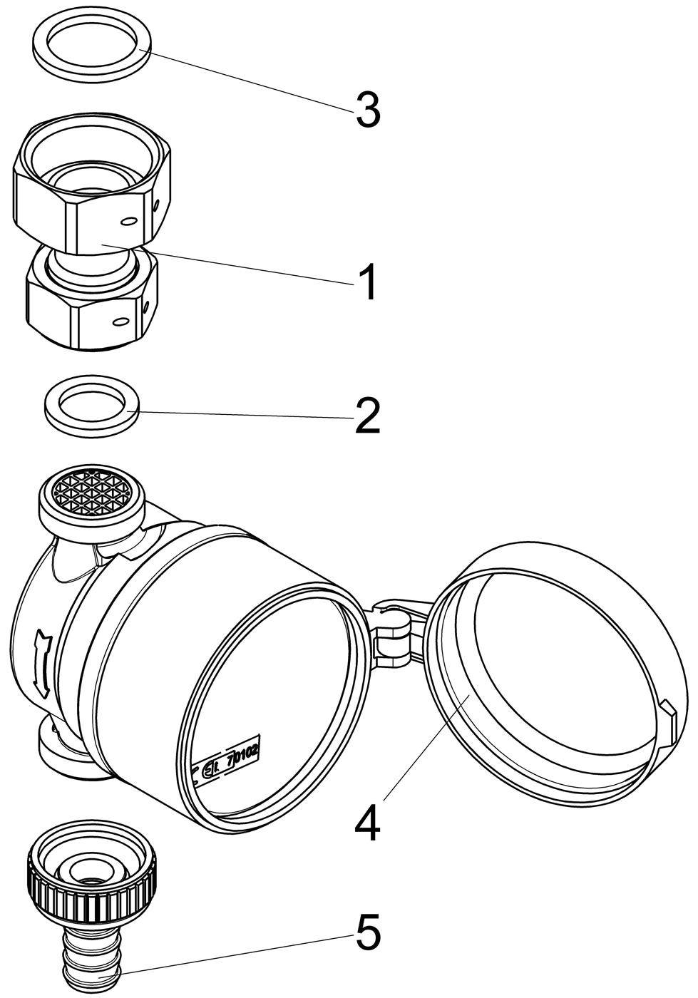 Schlösser Zapfhahnzähler Bauart ZAK mit Haube, bis 30 Grad C, Q3 2,5m3/h, Eingang 1", Ausgang Schlauchverschr. 1/2" IG-2