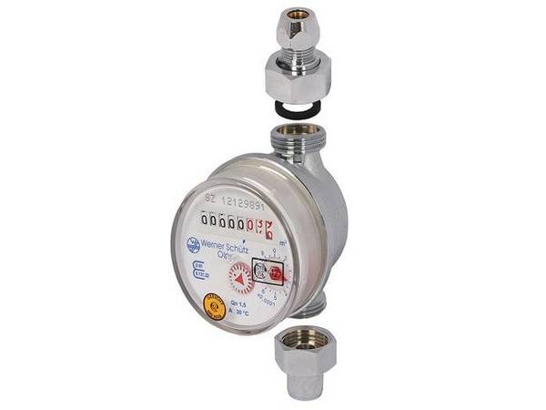 Schlösser Waschtischzähler Bauart WETW, für KW bis 90 Grad C, Q3 2,5m3/h, Eingang 3/8" AG, Ausgang mit Quetschverschr.