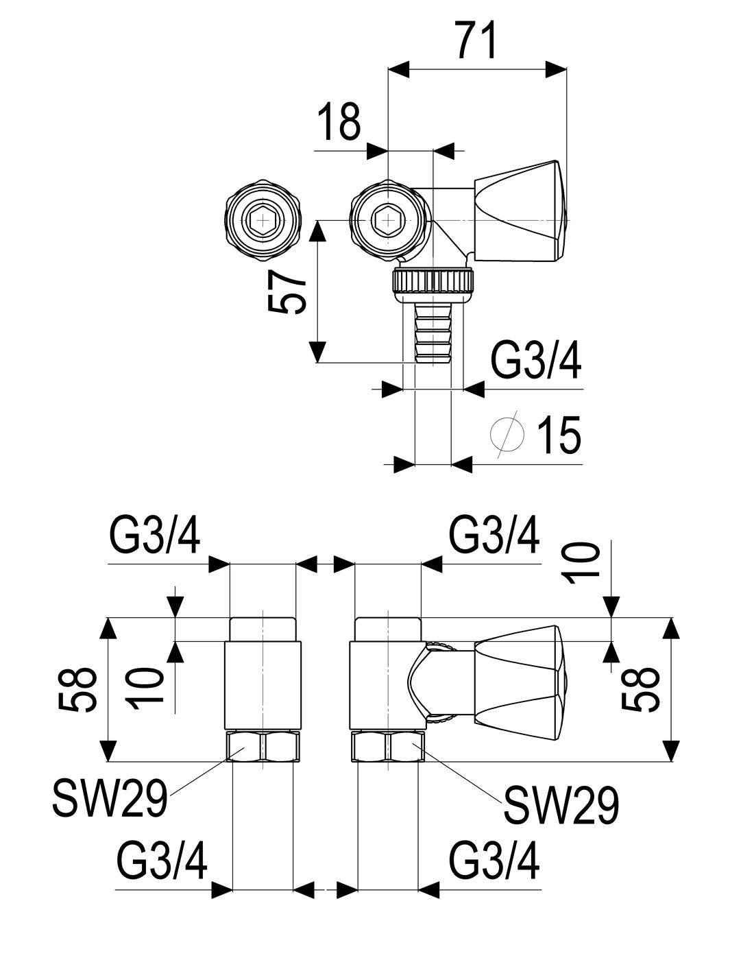 JS ROBINET D'ARRIVÉE LATÉRAL ANNEXE ANS.L.G. 3 VOIES, DN20, 3/4", CHROME POLI-1