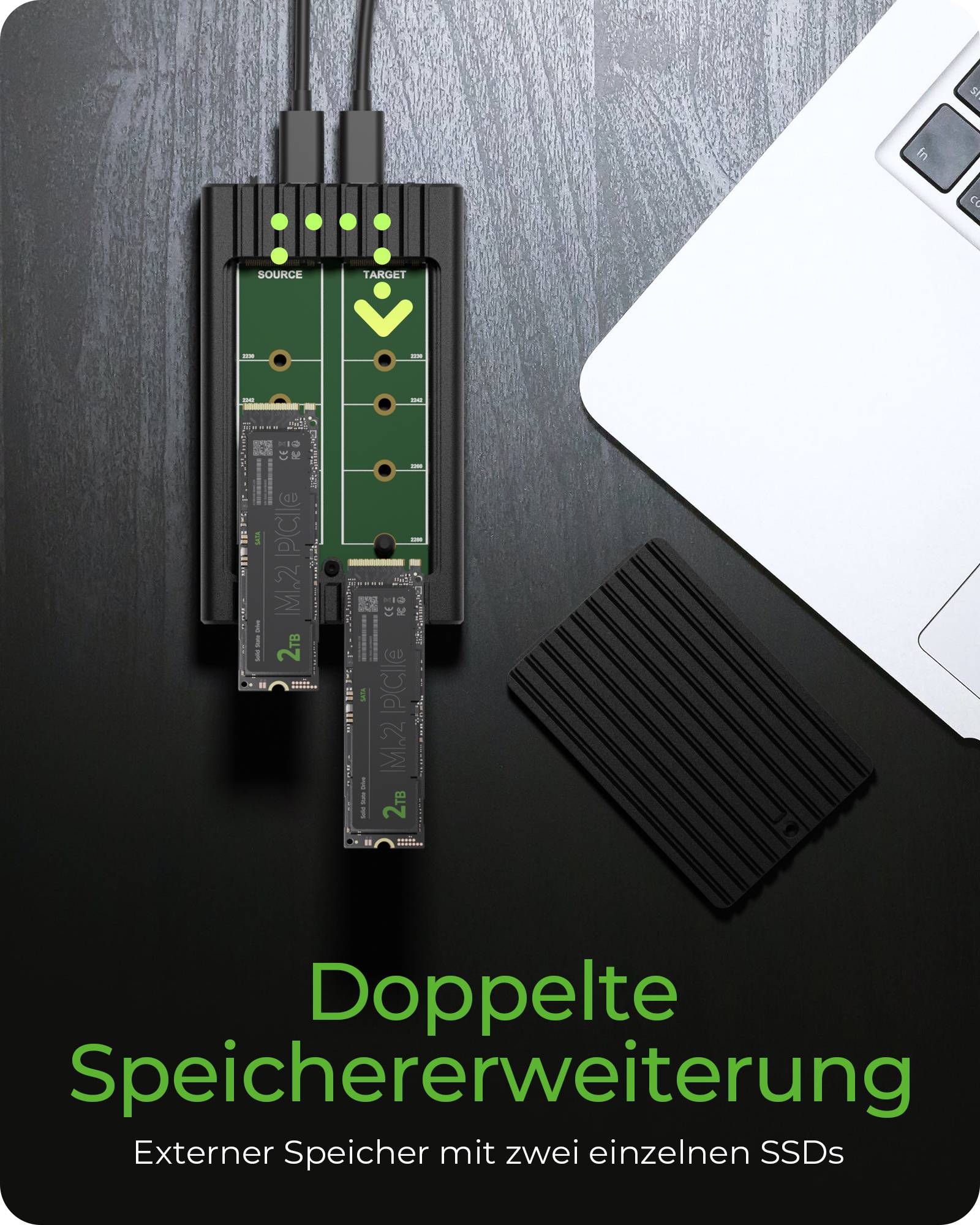 IB-2817M-C32, 2-fach M.2 PCIe NVMe Gehäuse, Host USB 3.2 Gen2x2 Type-C® 20 Gbit/s, für 22x30/42/60/80 mm M.2 SSD, Alu-3