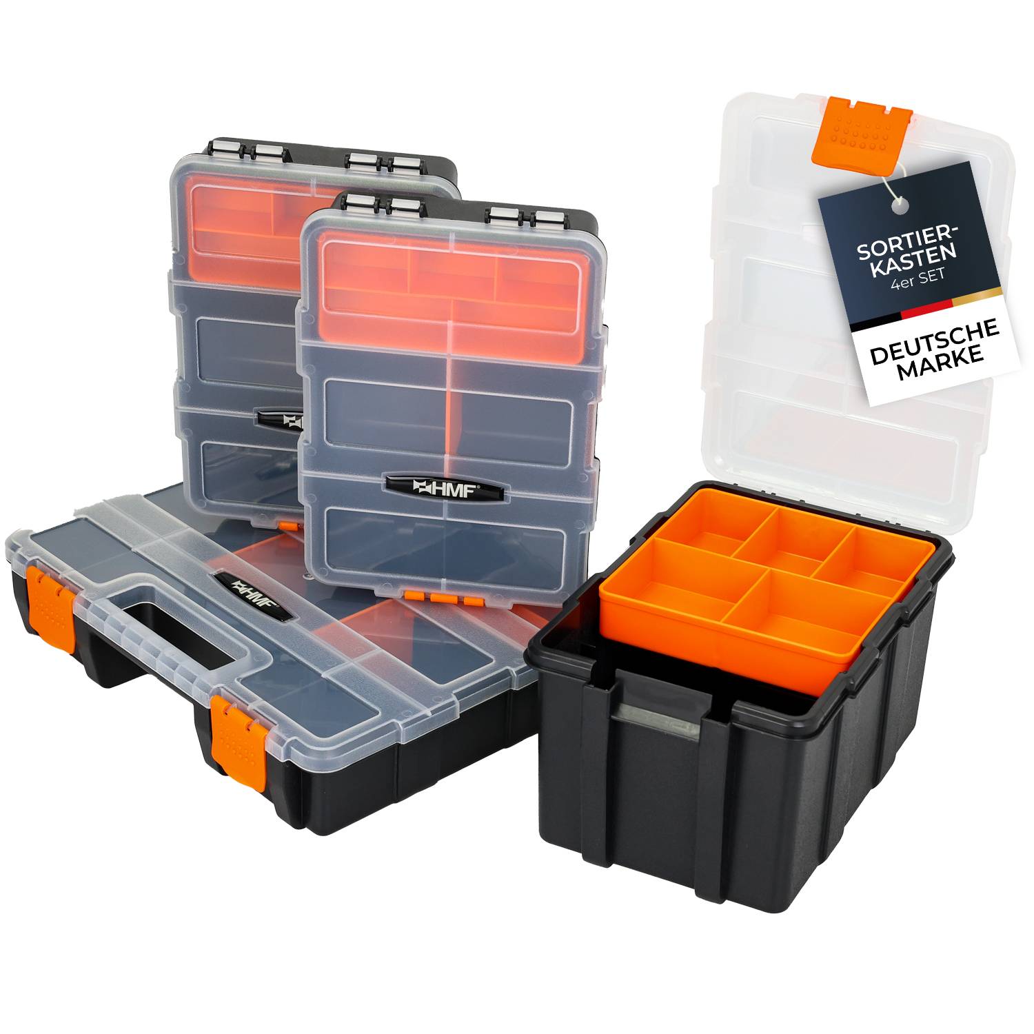 HMF Sortierbox 4-tlg. leer Sortimentskasten für Werkzeug und Kleinteile, 49 Fächer, transparenter Deckel Schwarz-Orange-0