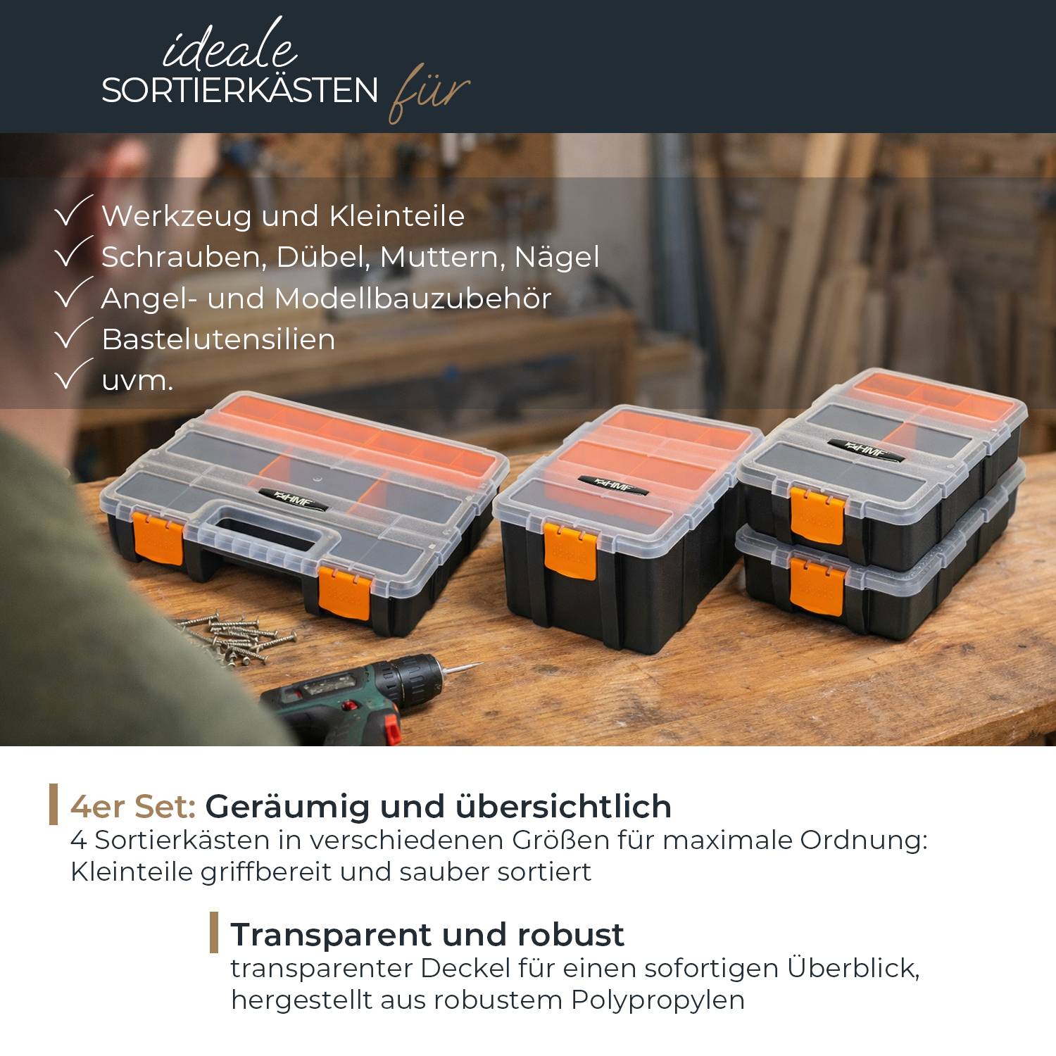 HMF Sortierbox 4-tlg. leer Sortimentskasten für Werkzeug und Kleinteile, 49 Fächer, transparenter Deckel Schwarz-Orange-1