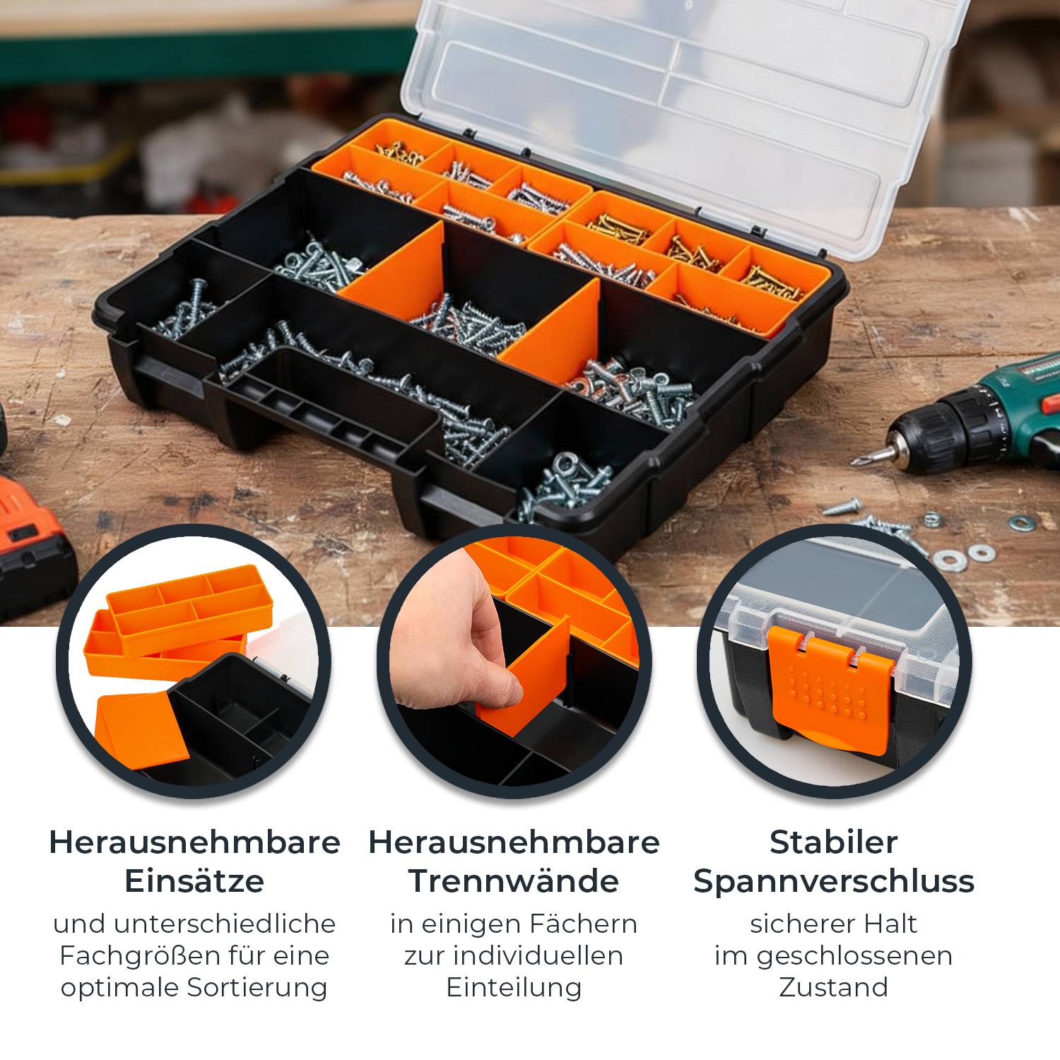 HMF Sortierbox 4-tlg. leer Sortimentskasten für Werkzeug und Kleinteile, 49 Fächer, transparenter Deckel Schwarz-Orange-2