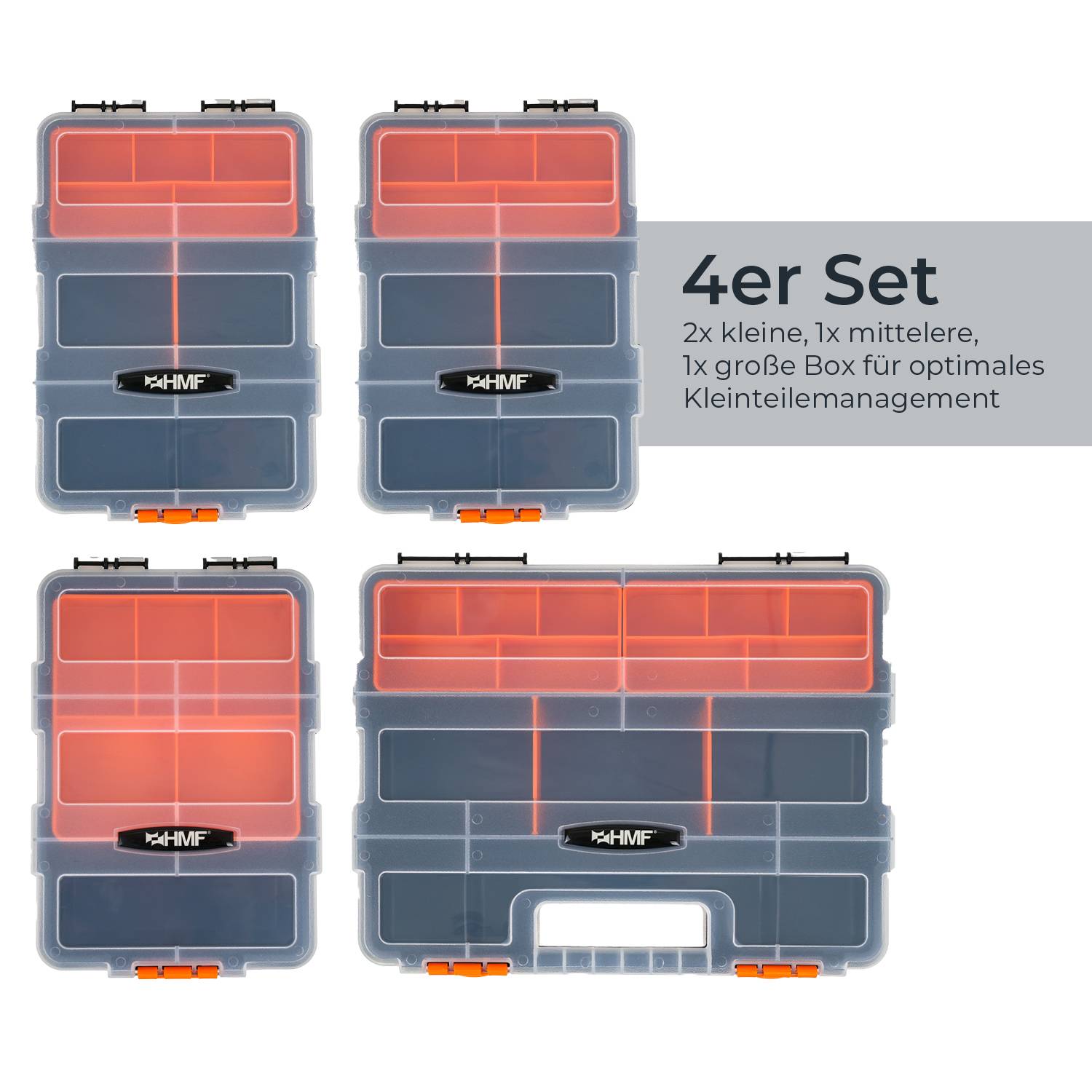 HMF Sortierbox 4-tlg. leer Sortimentskasten für Werkzeug und Kleinteile, 49 Fächer, transparenter Deckel Schwarz-Orange-3